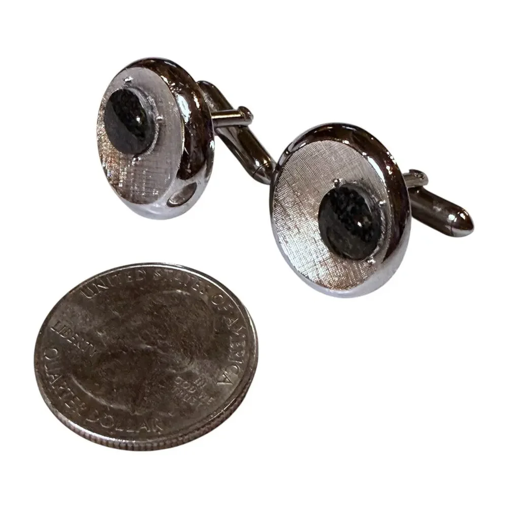 Vintage Swank Cufflinks Mens Silver Tone MCM Speckled Dark Glass Jewel